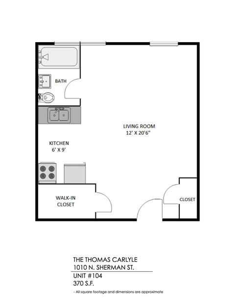 A floor plan of a one bedroom apartment with a living room, kitchen and bath.